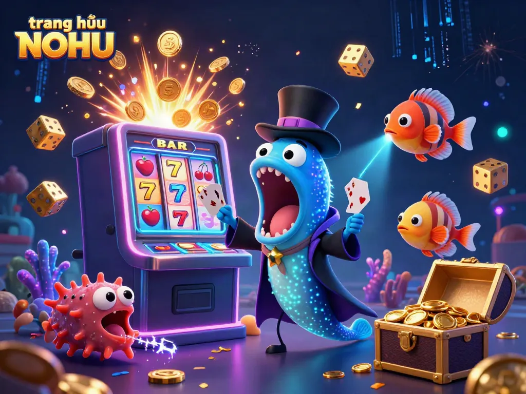 Experience the thrill at trang chủ NOHU with an exciting casino-themed 3D illustration of characters and games.
