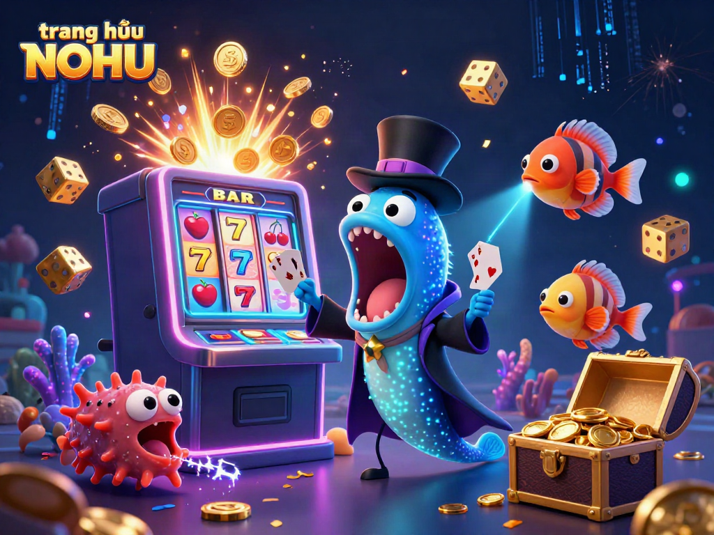 Experience the thrill at trang chủ NOHU with an exciting casino-themed 3D illustration of characters and games.