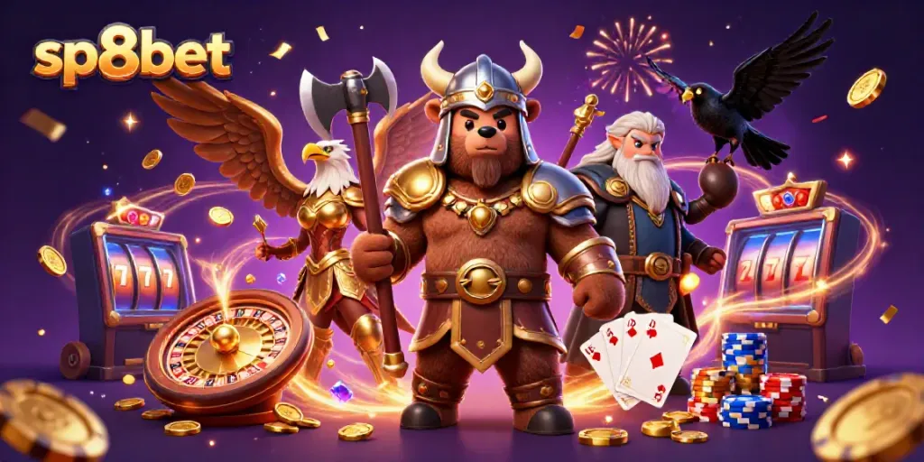 Experience the thrill of sp8bet casino with a vibrant fantasy illustration featuring acrobatic characters and dynamic game elements.