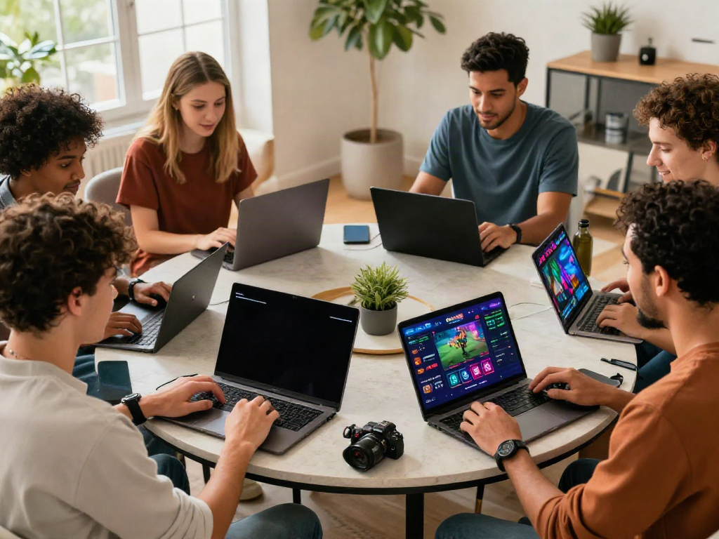 Engaged friends gaming online at SKY88 with laptops and smartphones in a cozy setting.