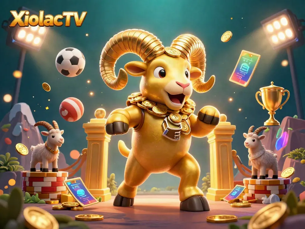 XoilacTV brings the excitement of sports betting with a golden ram charging through a dynamic sports scene.