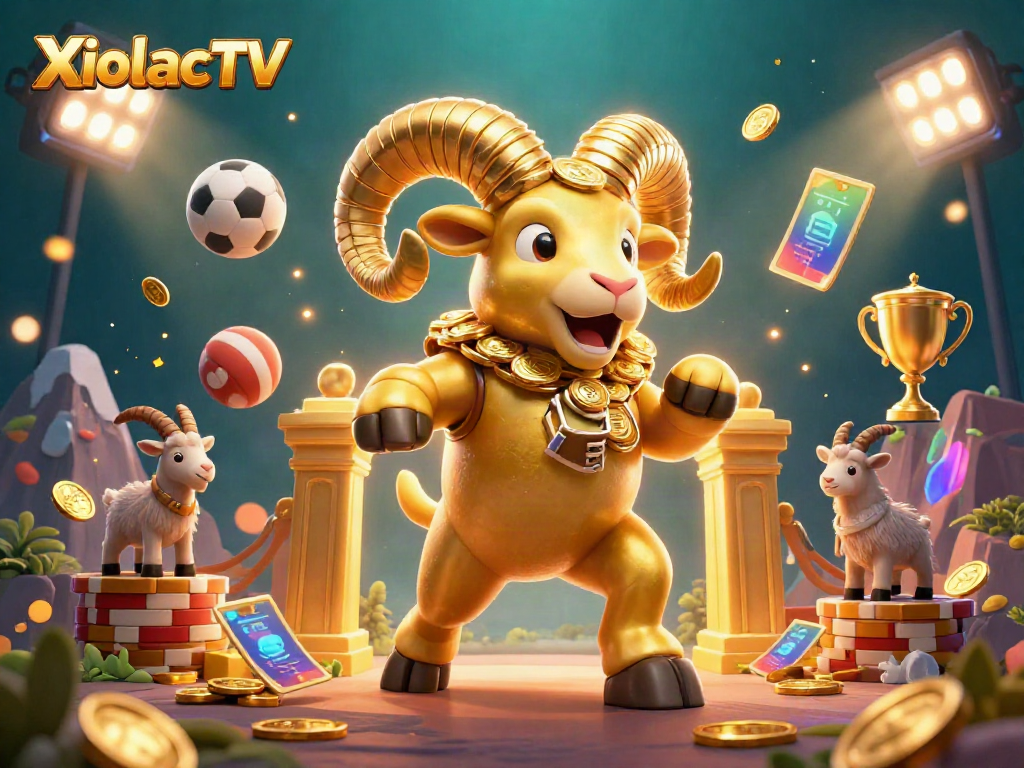 XoilacTV brings the excitement of sports betting with a golden ram charging through a dynamic sports scene.