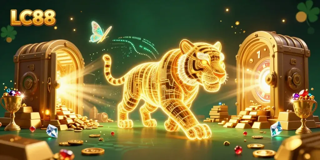 Experience LC88's thrilling digital casino adventure with a luminous golden tiger and glittering treasures.