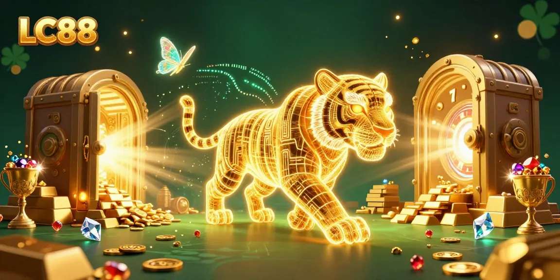 Experience LC88's thrilling digital casino adventure with a luminous golden tiger and glittering treasures.