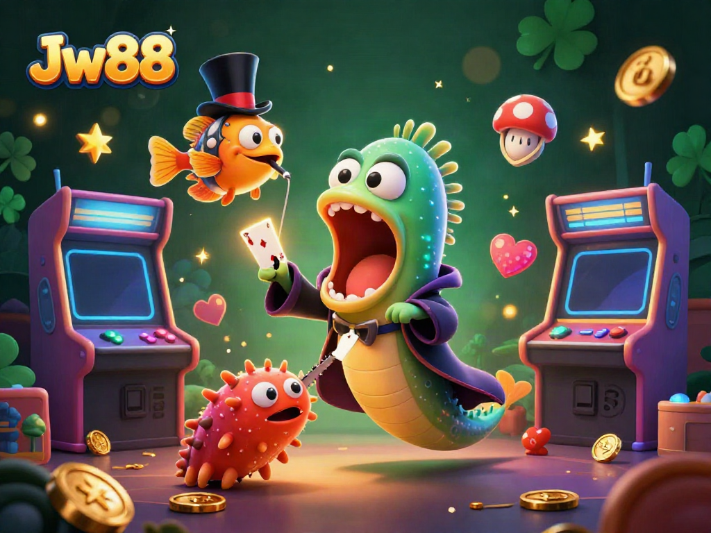 Experience thrilling magic tricks at Jw88 casino with vibrant 3D characters in a dazzling scene.