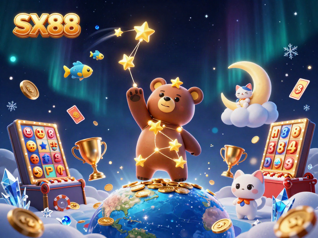 Experience the magic of SX88 casino, featuring vibrant symbols and a constellation bear in action.