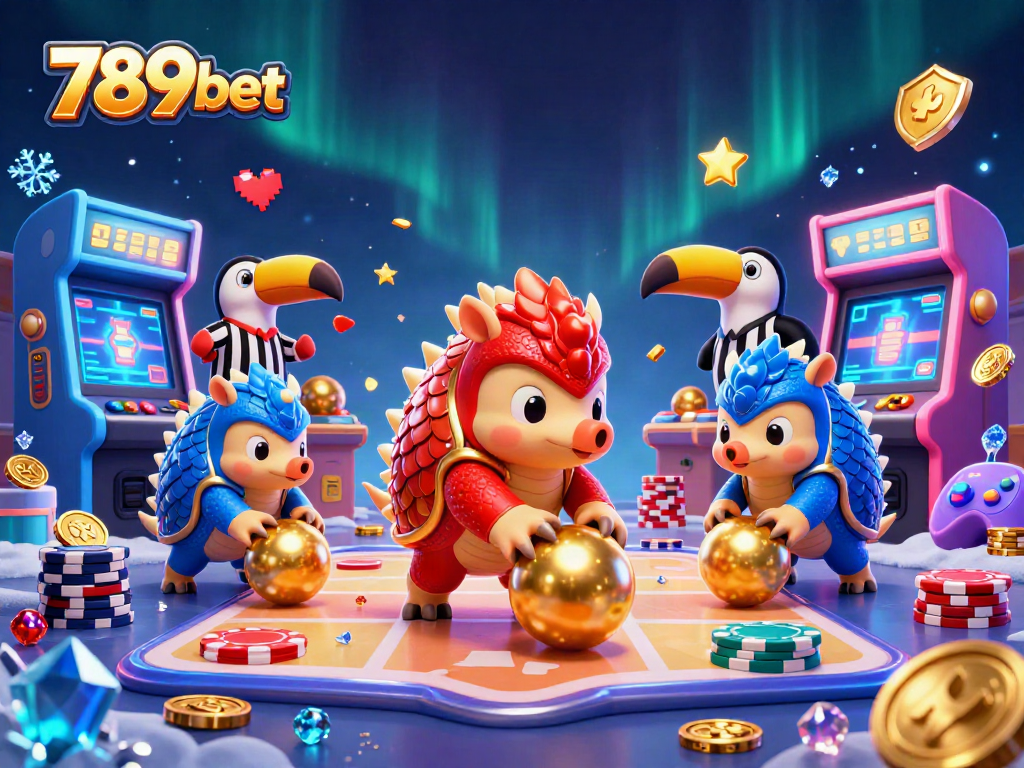 Engage with 789bet through a vibrant animated scene featuring playful pangolins competing in a casino gaming adventure.