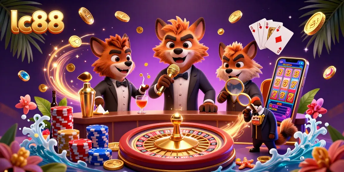 Cheerful hyenas entertain at the lc88 comedy casino, surrounded by golden coins and gems.