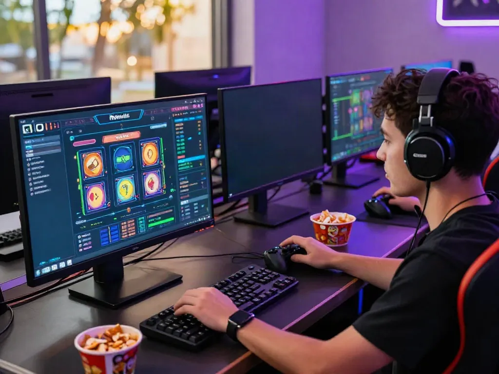 Player enjoying Nohuwin games at their desktop with colorful interfaces and snacks.