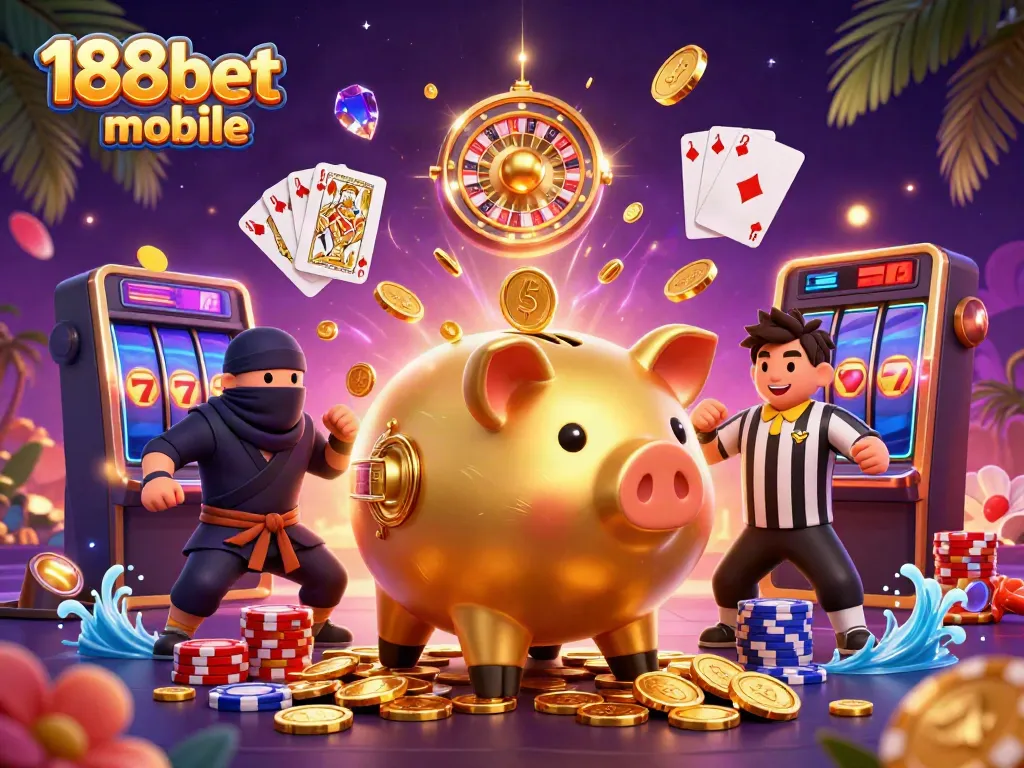 Experience the thrilling 188bet mobile gaming adventure with vibrant characters and dynamic casino elements.