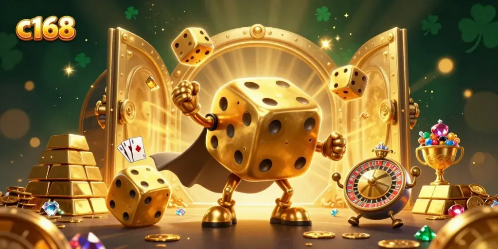 Engaging scene depicting c168 with golden dice golem, treasure vault, and casino elements, inviting excitement.