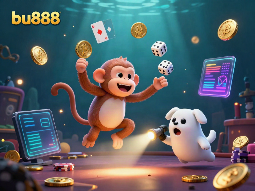 Engage with the vibrant casino scene of bu888 where a ghostly monkey juggles while a curious puppy tracks the action.