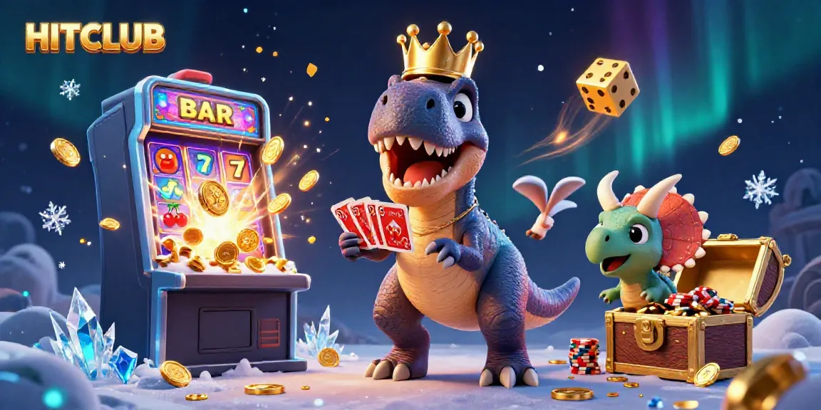 Join the fun at HITCLUB with a T-Rex, pterodactyl, and baby triceratops in a vibrant casino explosion!