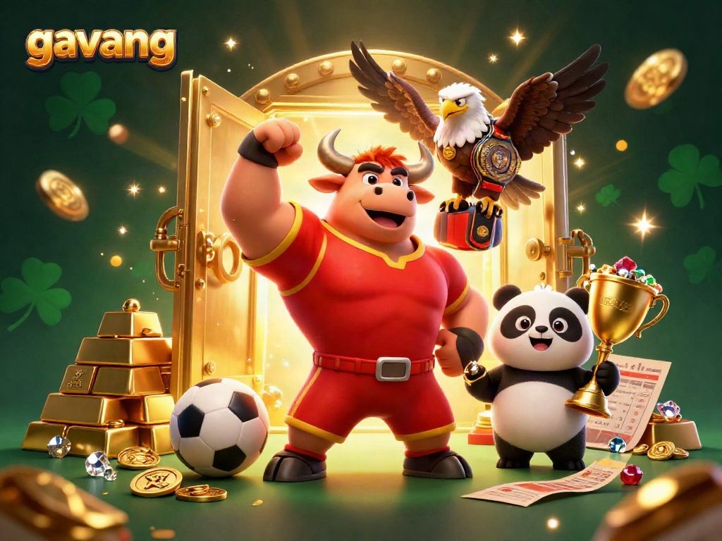 Gavang features an energetic scene with a bull mascot, a championship eagle, and a panda celebrating winning sports bets.