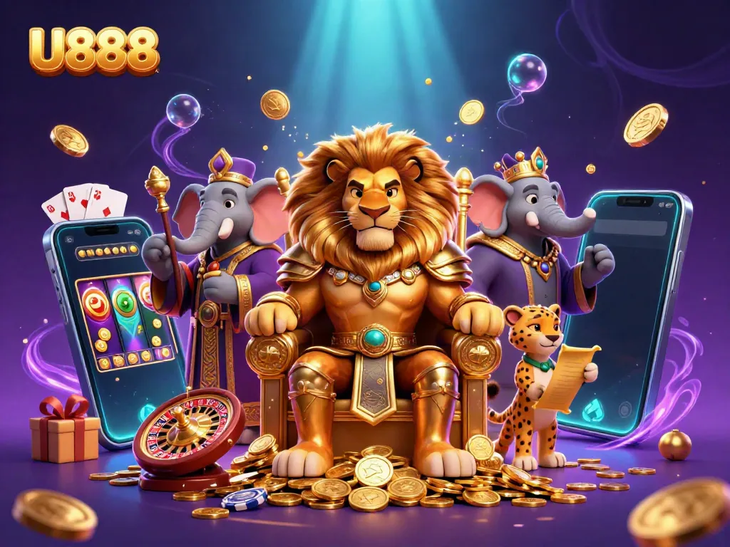 Experience U888 with a vibrant scene featuring a lion king, elephant advisor, and cheetah messenger in a dynamic casino environment.