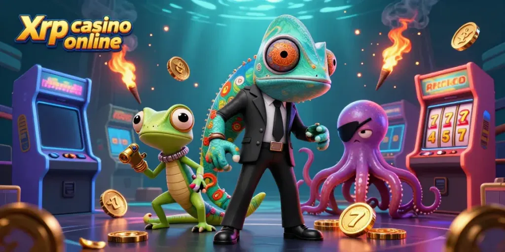 Engage in exciting gameplay at the Xrp casino online with vibrant characters and slot machine action.