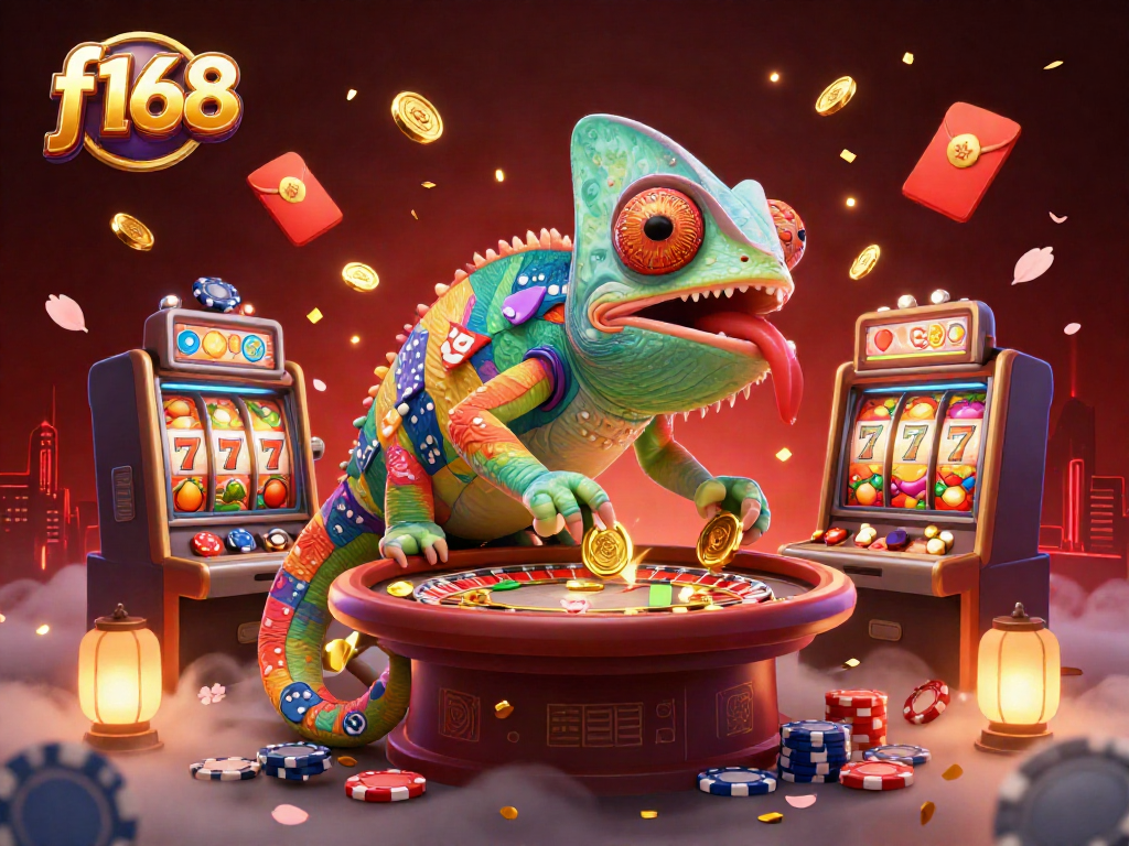 Engage with the vibrant f168 casino scene showcasing a chameleon owner at slot machines, dynamic action.