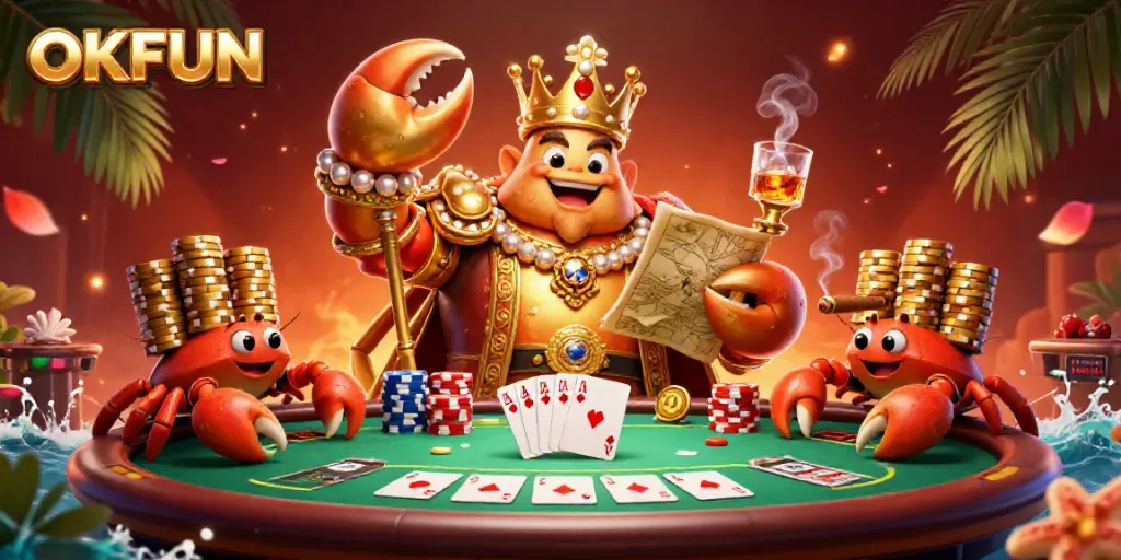 Engage in thrilling poker action with OKFUN, featuring a golden crab emperor and vibrant casino elements.