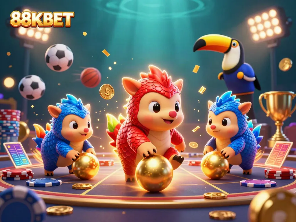 Experience the thrill of 88KBET as rival pangolins roll through a casino game scene, filled with dynamic action.