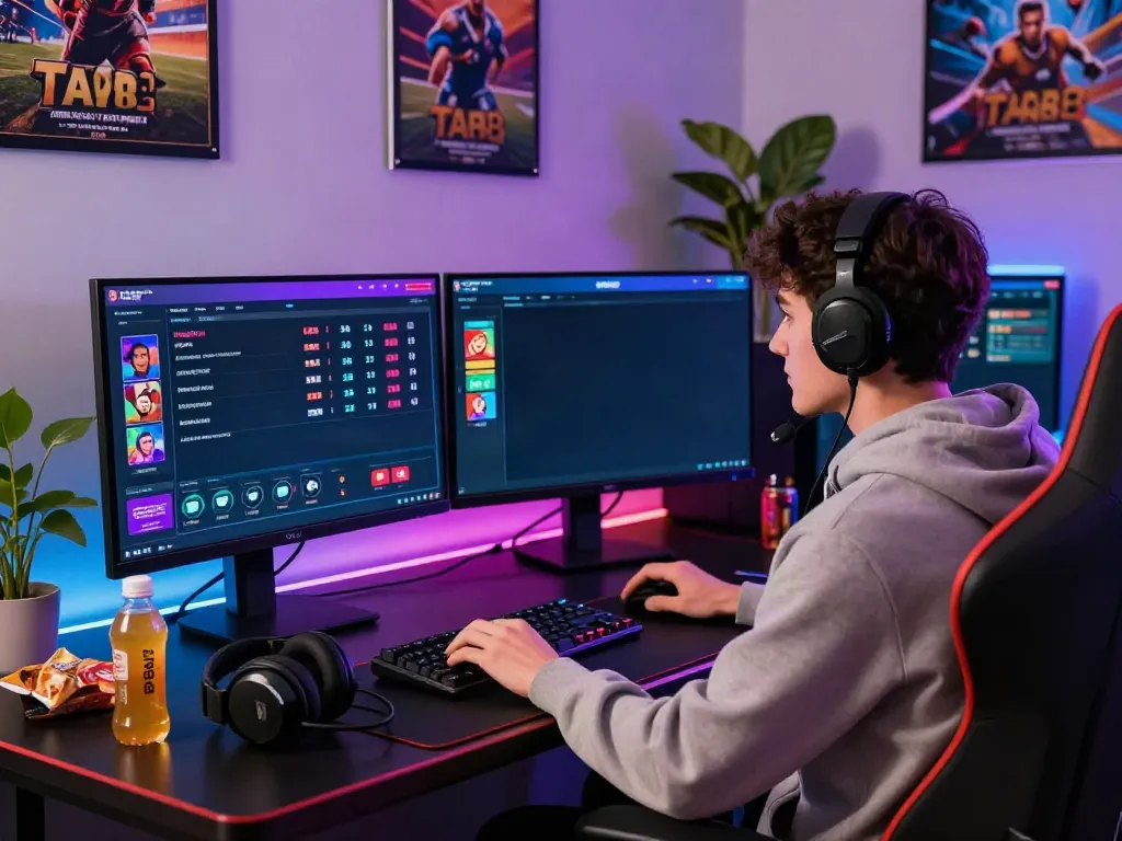 Engaging scene of a player engaging with https://ta88.network/ digital betting interface on a modern gaming setup.