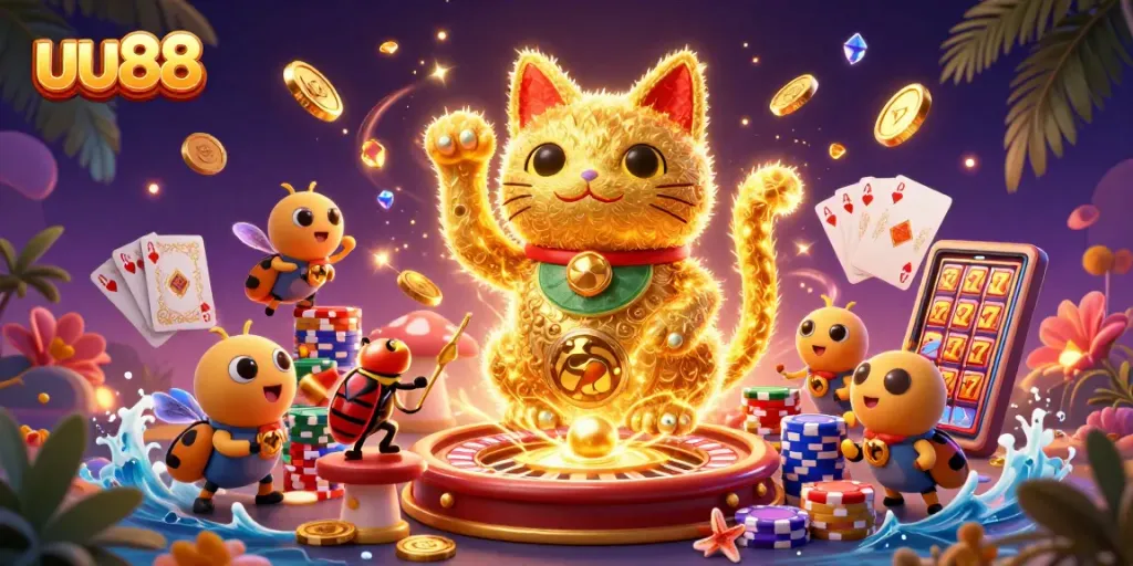 Experience the lively atmosphere of uu88 with a vibrant lucky cat and casino elements sparking your excitement.