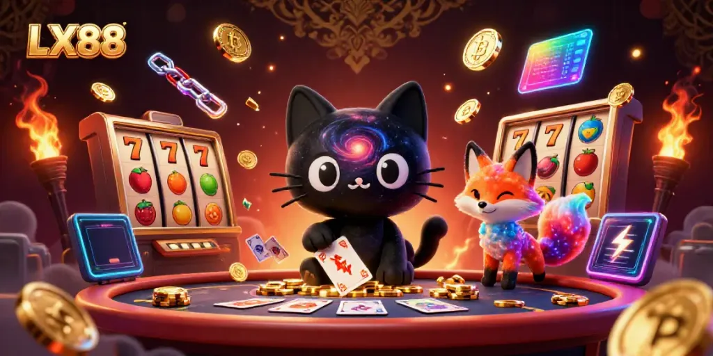 Engaging LX88 cosmic casino scene featuring a black hole cat and colorful nebula fox amidst gambling elements.