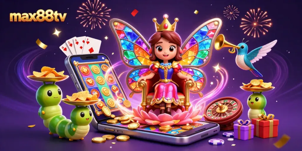 Engage with max88tv's dazzling casino scene featuring vibrant characters and dynamic slot elements.