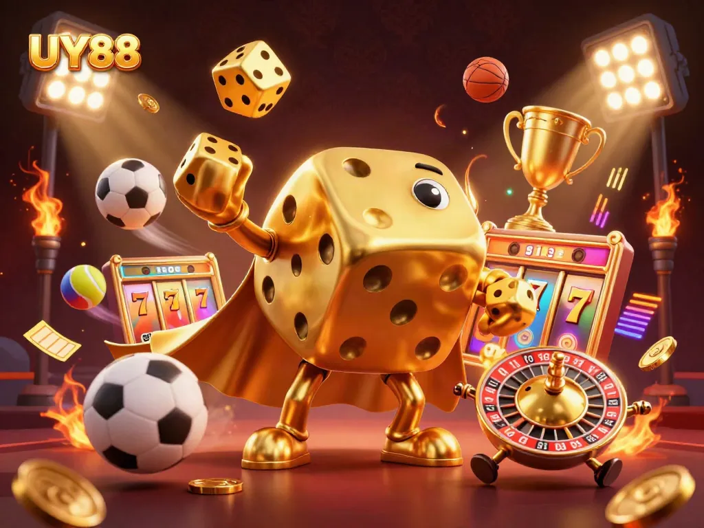 Experience the excitement of UY88's online casino with golden dice characters and dynamic gaming elements.