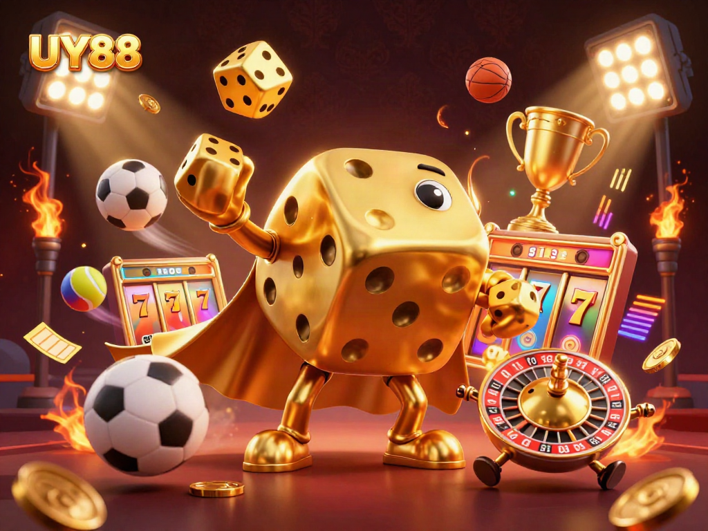 Experience the excitement of UY88's online casino with golden dice characters and dynamic gaming elements.