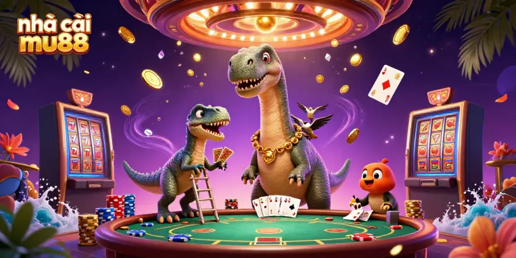 Experience vibrant action at nhà cái mu88 with a thrilling casino scene featuring giant characters and rich game elements.
