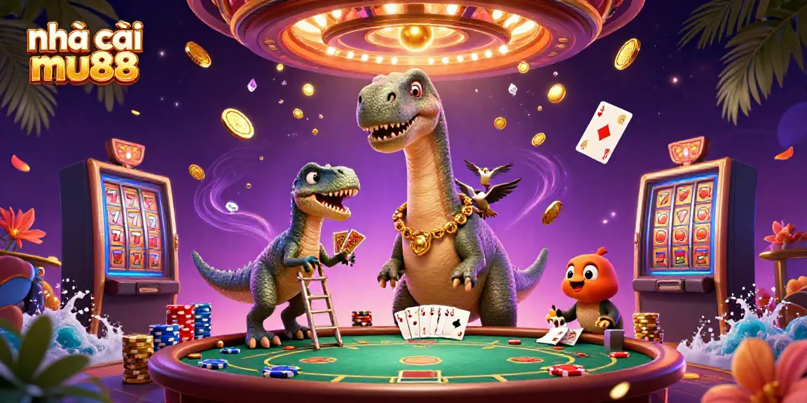 Experience vibrant action at nhà cái mu88 with a thrilling casino scene featuring giant characters and rich game elements.