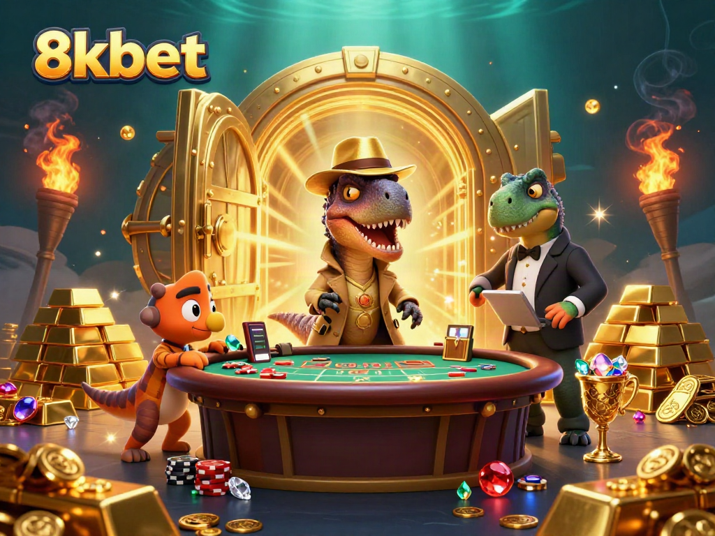 Experience the thrill of 8xbet with cartoon dinosaurs at a blackjack table amidst golden treasures.