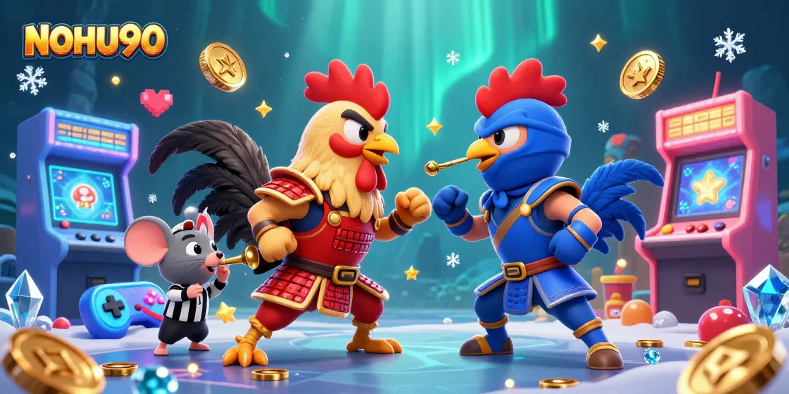 Experience the thrilling action of NOHU90 with dynamic roosters and vibrant casino elements.