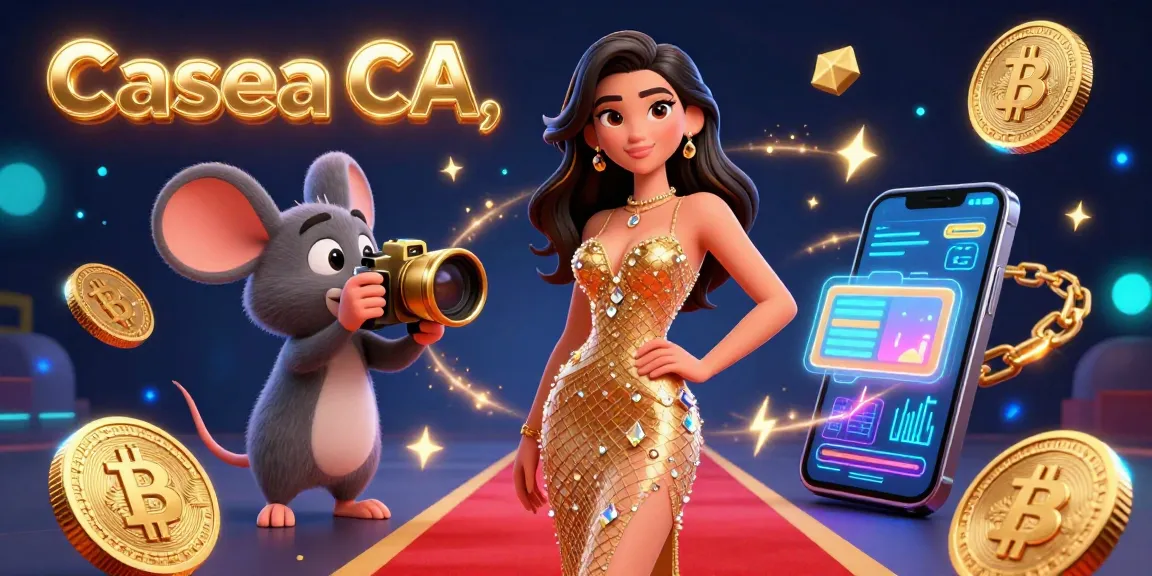 A vibrant 3D illustration celebrating Casea CA with glamorous characters amidst glowing crypto coins and casino elements.