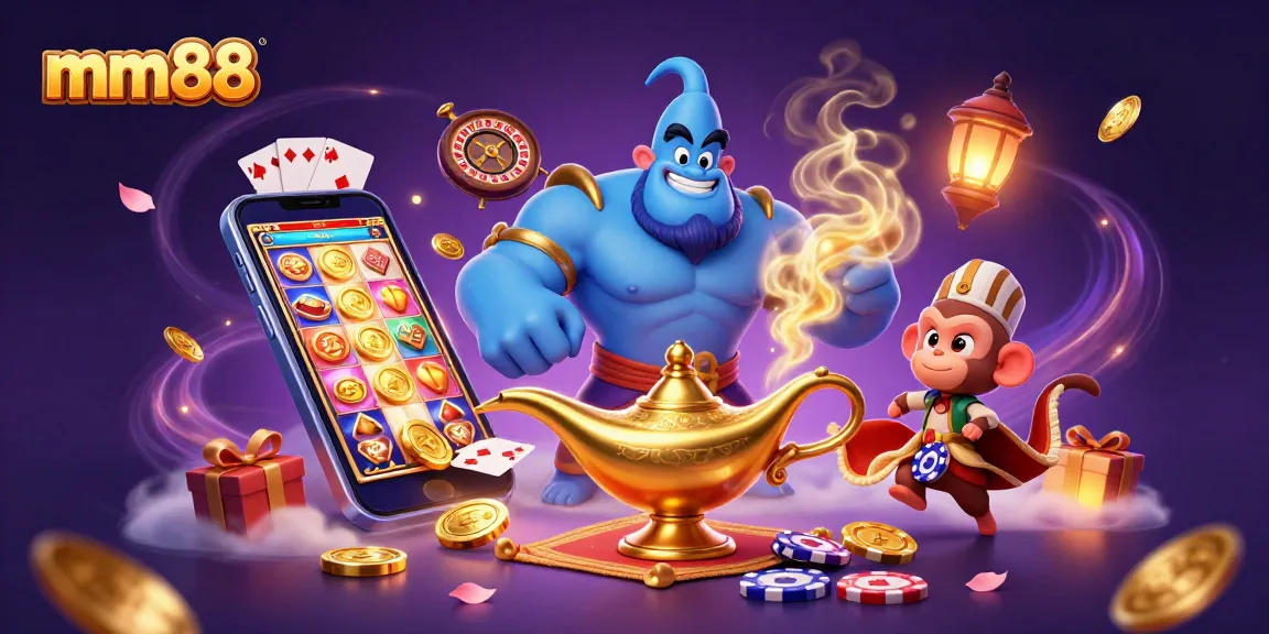 Experience mm88's vibrant gaming world with a genie, magic monkey, and casino elements.