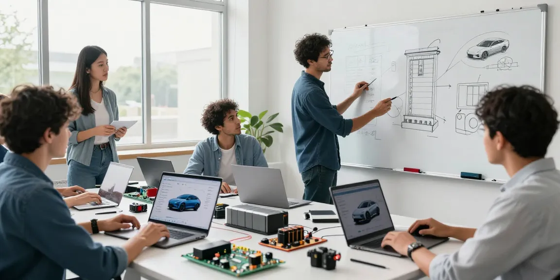 Engineers collaborating on innovative EV technology designs in a bright workspace.