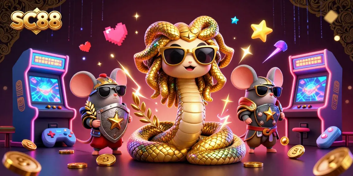 Join the excitement at SC88 with this colorful casino illustration featuring Medusa and a warrior mouse.