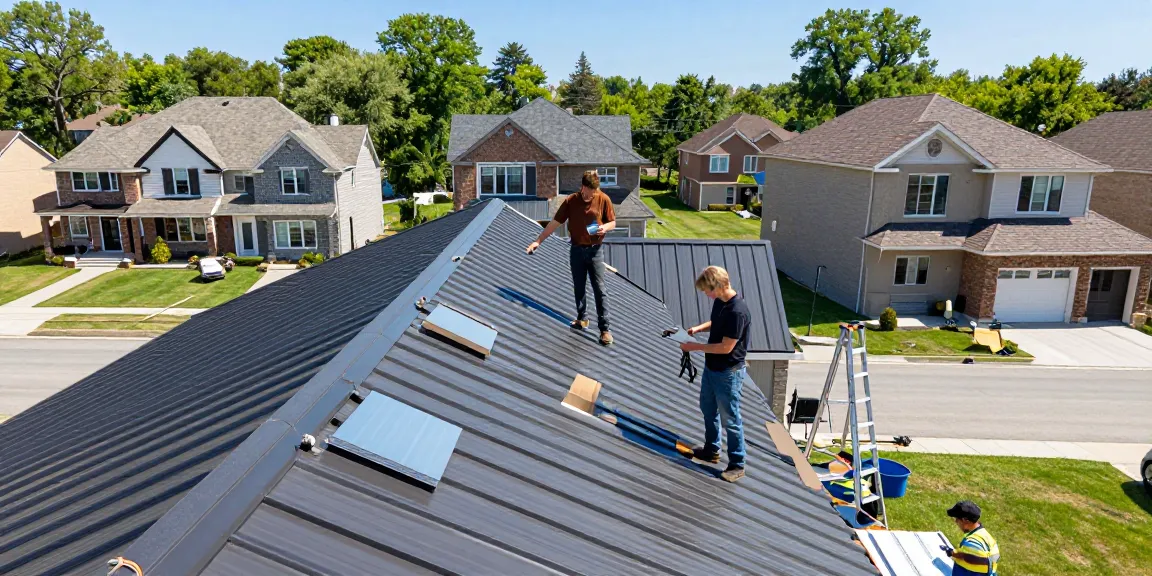 Metal roof contractor portfolio showcasing a professional installation on a modern home in a vibrant neighborhood.