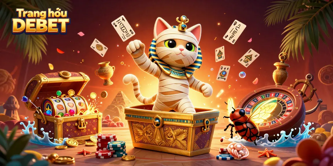 Engage with Trang chủ DEBET as the Egyptian mummy cat bursts into action amidst vibrant casino elements.