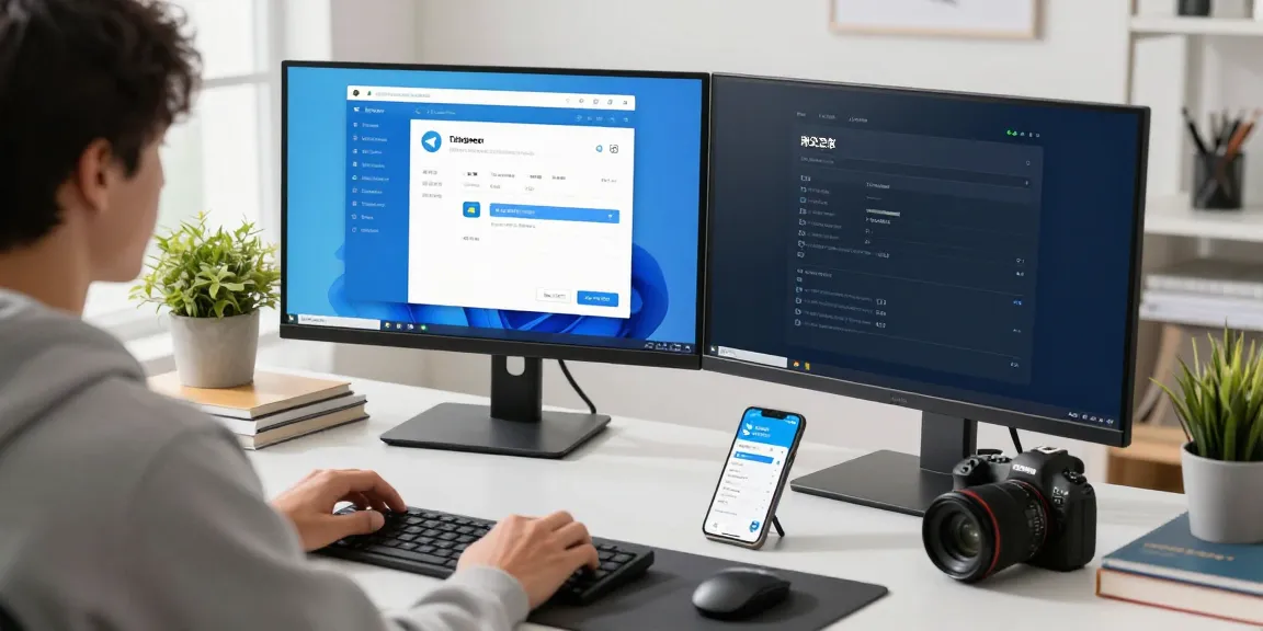 User setting Telegram中文 interface in a modern tech workspace filled with devices and bright natural lighting.
