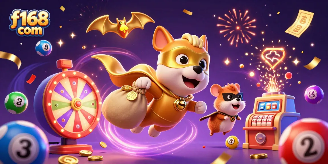 Experience the excitement at f168 com with our vibrant gaming illustration showcasing dynamic lottery and casino elements.