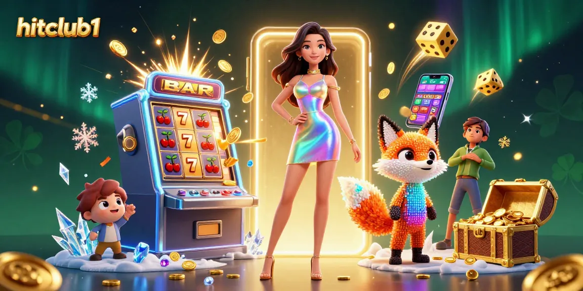 Join the hitclub1 jackpot excitement with a colorful woman and digital fox amid 3D casino elements.