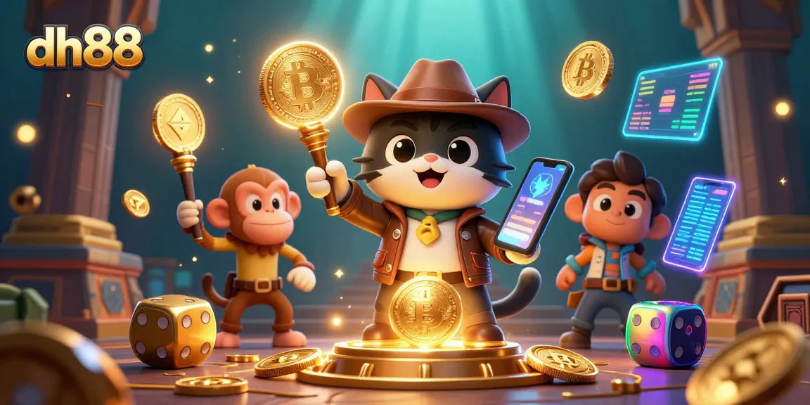 Engage in thrilling casino adventures with dh88 as a cartoon cat uncovers treasures and crypto marvels.