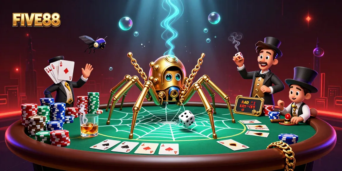 Engage with dynamic FIVE88 gaming action in a vibrant 3D casino illustration showcasing poker elements.