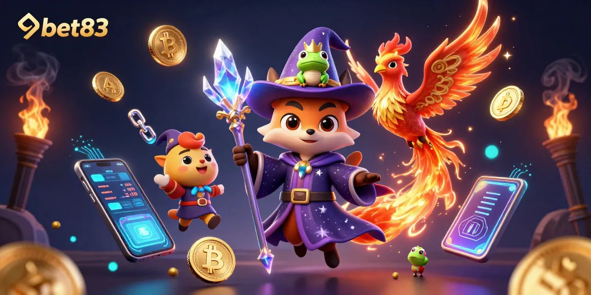 Join the excitement at 9bet83 with magical characters and cryptocurrency gaming elements in a vibrant 3D illustration.
