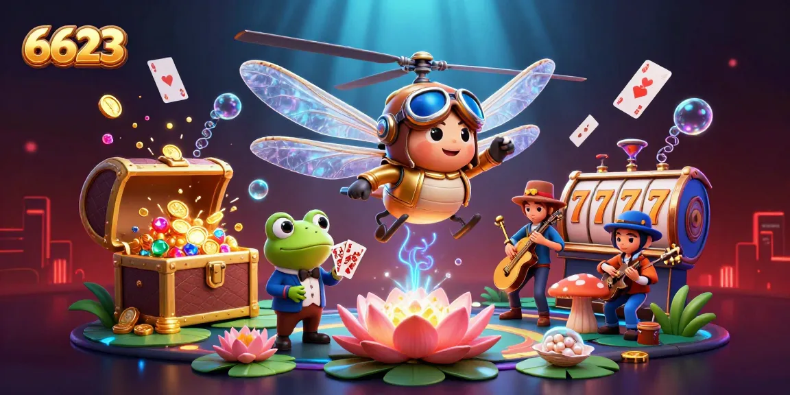 Join the excitement at 6623 where the dragonfly pilot and frog croupier bring lively casino fun!