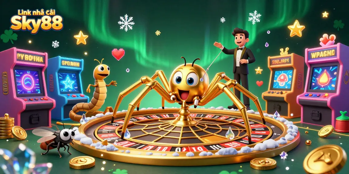 Engage with Link nhà cái Sky88 through dynamic 3D roulette wheel betting scene featuring colorful gaming elements.