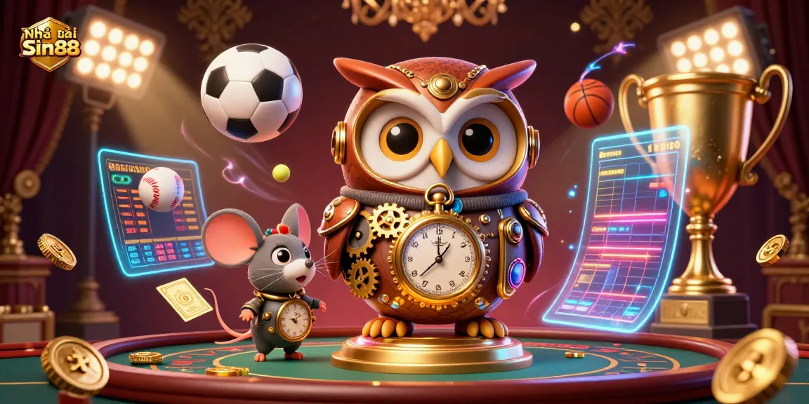 Engage with Nhà cái Sin88 through an exciting casino-themed illustration showcasing a futuristic steampunk owl and interactive gambling elements.