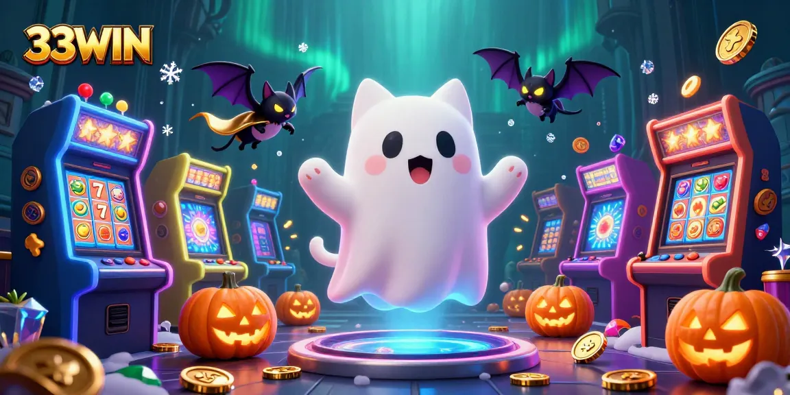 Experience the thrill of 33WIN with a friendly ghost cat in a haunted casino, surrounded by playful game elements.