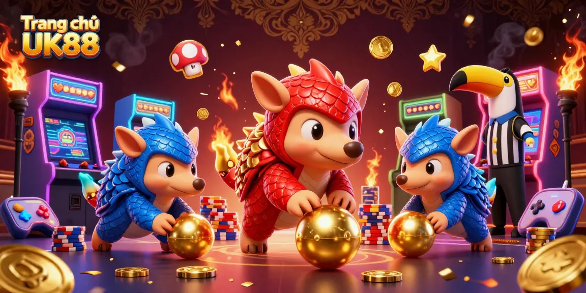 Engage in thrilling gameplay at Trang chủ UK88 with pangolins competing amidst poker chips and arcade elements.